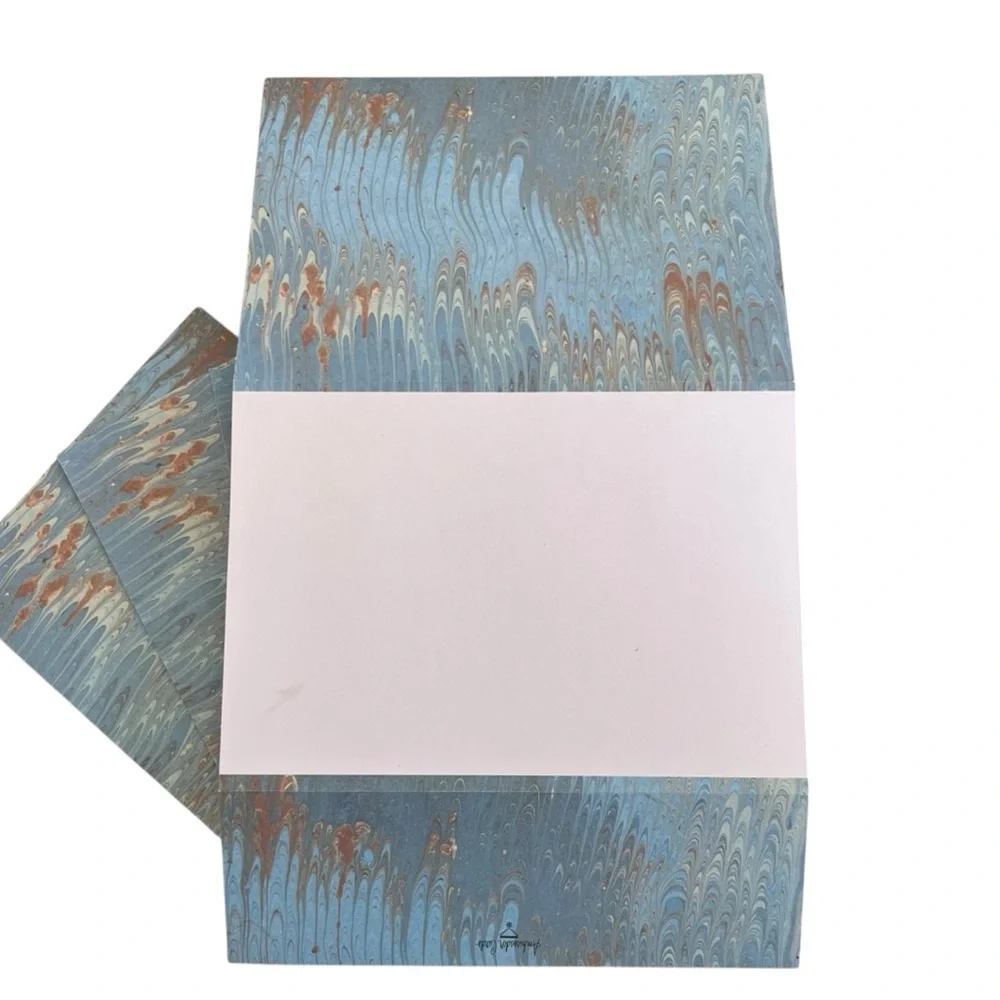 Vintage Ambassador Cards 3 Tri-Fold Blank Greeting Cards Blue Marbled Blank